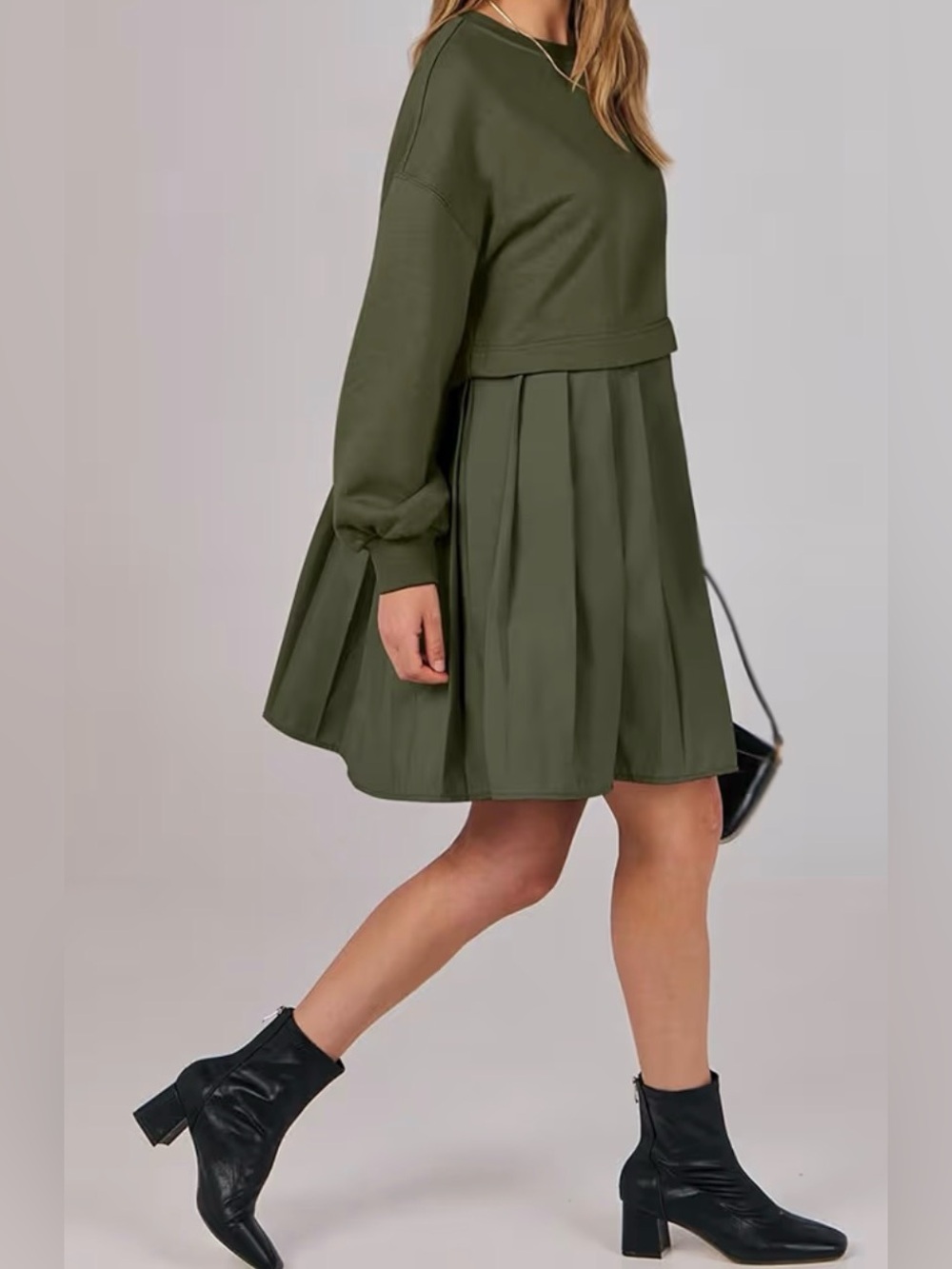 Olive Green Pleated Oversized Sweatshirt Dress - Picture 2 of 8